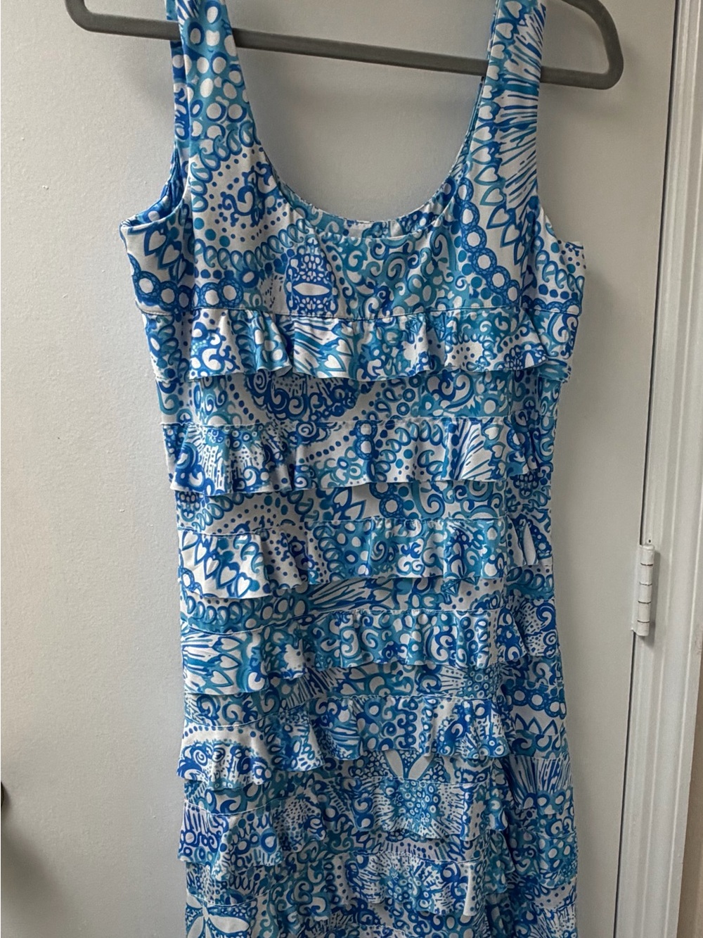 Blue & White Patterned Ruffle Tank Dress